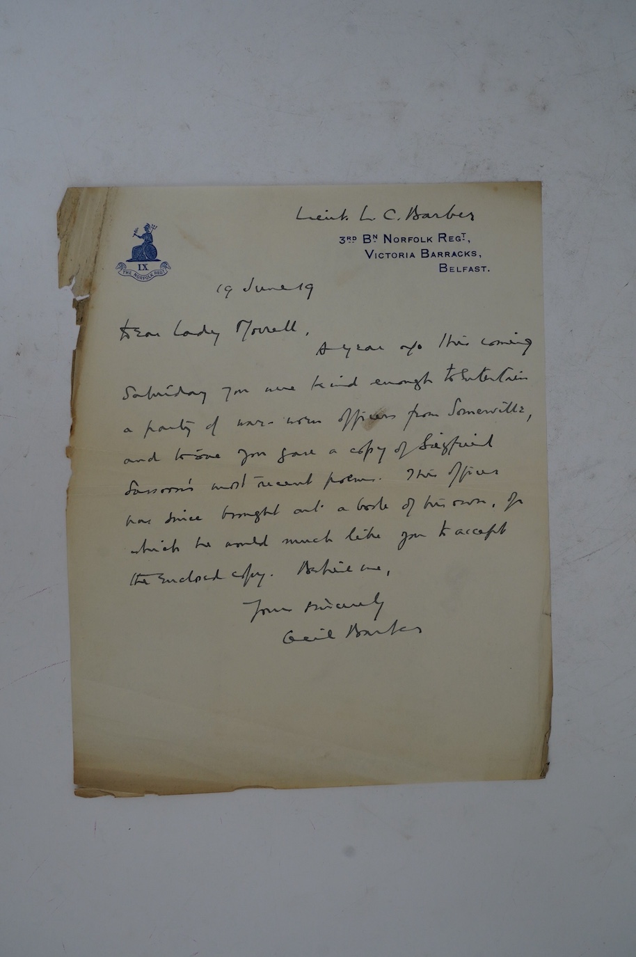 Letter from First World War soldier Leonard Cecil Barber on Norfolk Regiment headed paper, to Lady Ottoline Morell (1873-1938), best known as hostess at Garsington